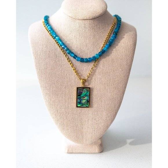 Blue Apatite Gemstone Necklace Gold Toggle Clasp Removable Baroque Pearl Genuine - Picture 12 of 14